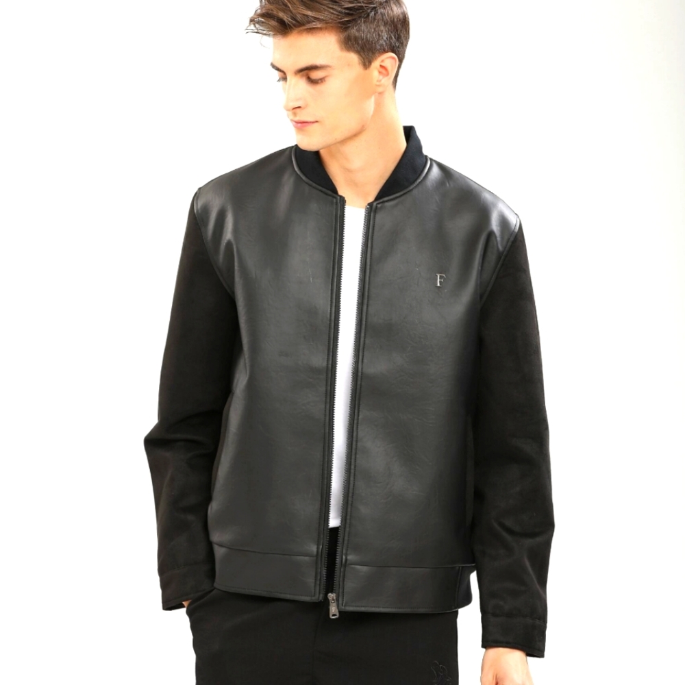 Men Leather bomber jacket with suede sleeves